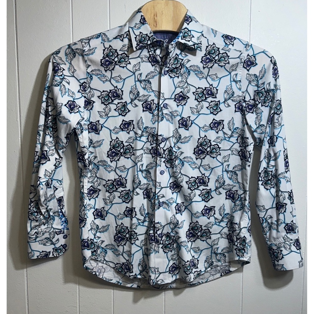 Robert Graham Mens Classic Fit Floral Vine Print Button Down Shirt White Blue S